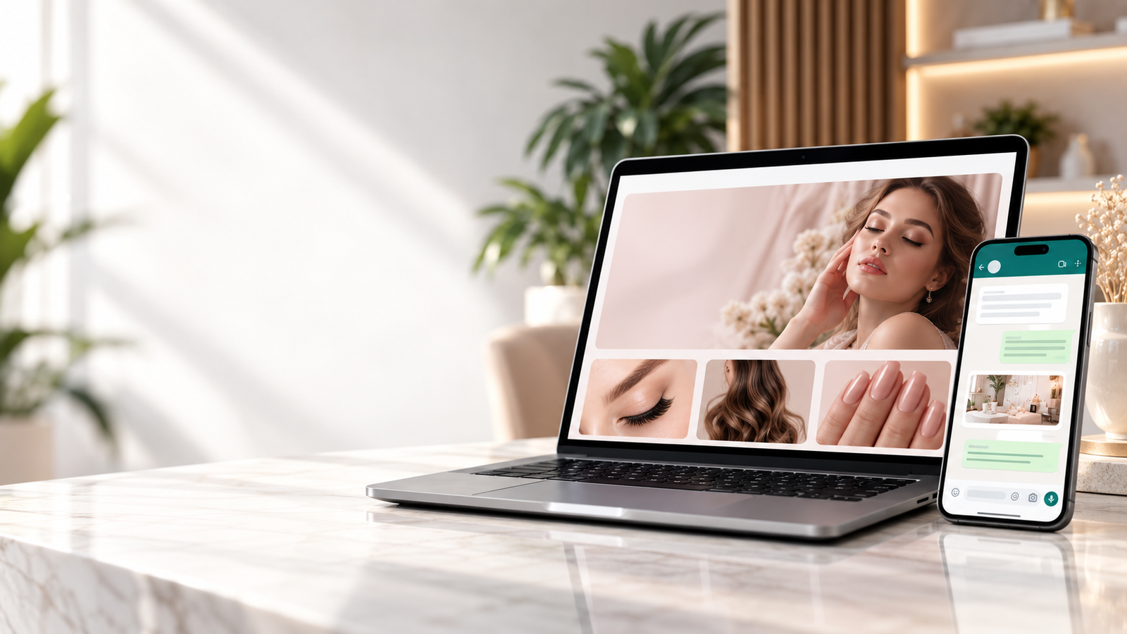 Sitio web y WhatsApp Business en laptop y celular